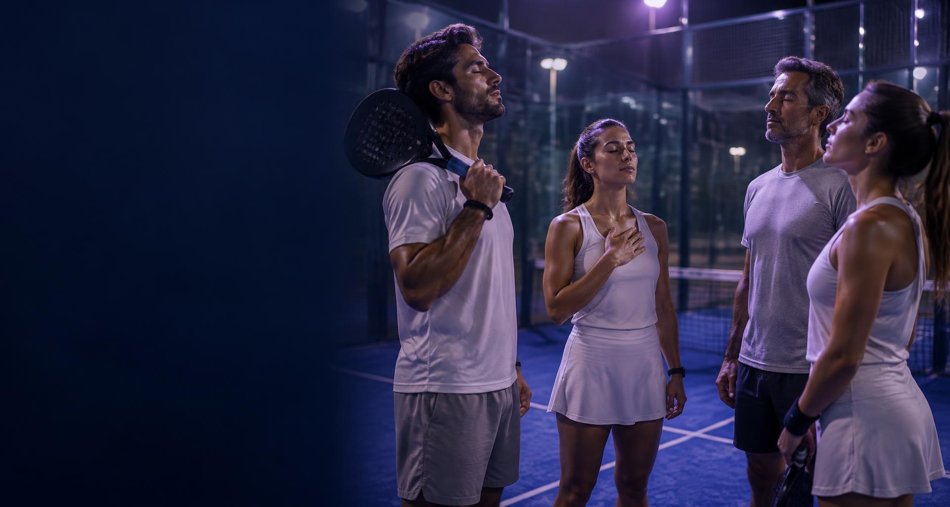 Cuatro jugadores de pádel, hombres y mujeres, con los ojos cerrados respirando en círculo antes de jugar